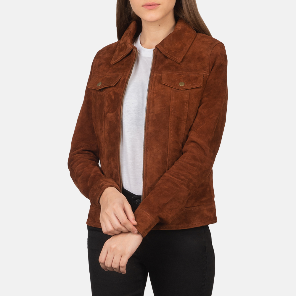 Womens Suzy Brown Suede Jacket Open Front-4-1659378326011